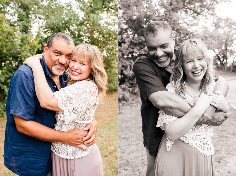 two photos of a middle aged husband and wife. One they stand together hugging and smiling. The second is black and white and he hugs her from behind as she laughs in Norman, Oklahoma.