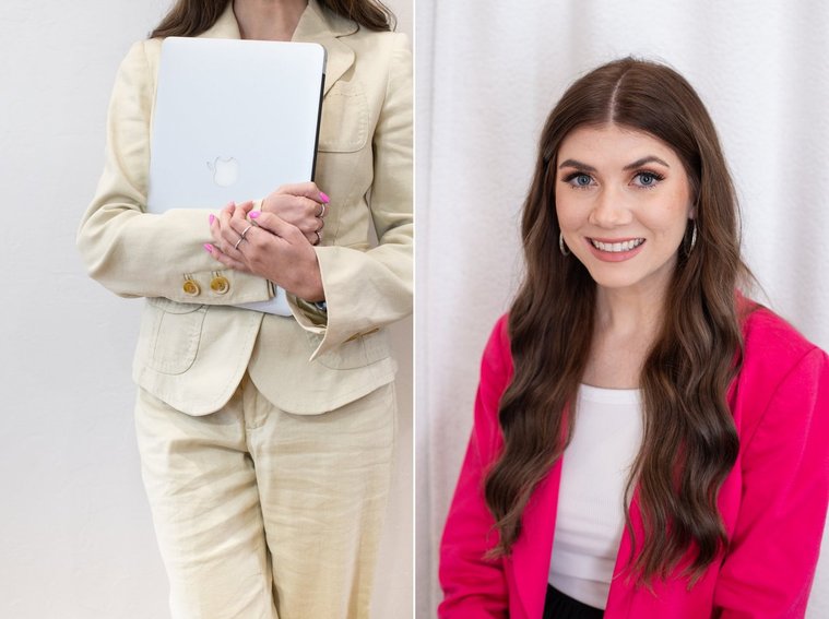 one headshot photo of a young business owner with long brown hair, another cropped branding image of her holding her laptop while she stands against a wall