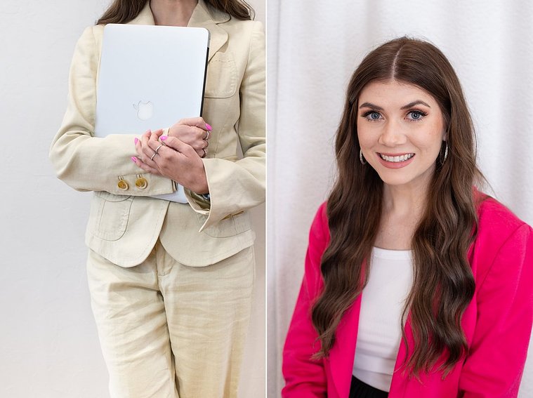one headshot photo of a young business owner with long brown hair, another cropped branding image of her holding her laptop while she stands against a wall