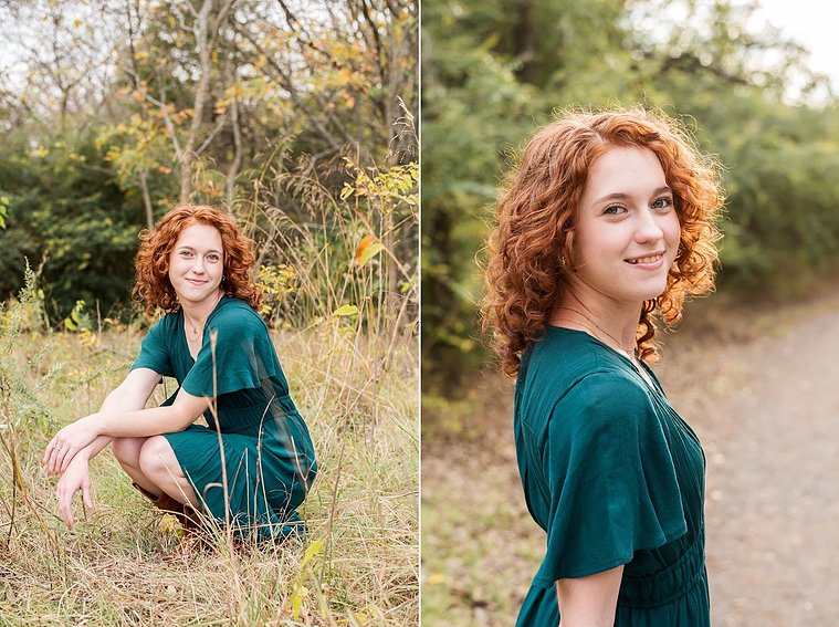 two photos of a senior girl with red hair wearing teal dress sitting in a field with gold grass and fall trees behind her and looking over her shoulder on a path at Sutton Park in Norman, Oklahoma