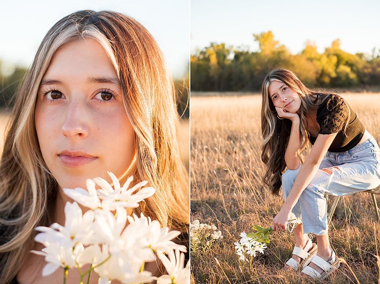 two images of a senior girl with long brown hair wearing a black top and jeans sitting on a stool in tall grass with trees behind her, holding white daisies, smiling softly in a country field in the fall near Oklahoma City