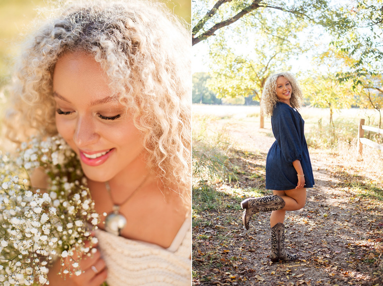 close up portrait of a high school senior girl with blonde curly hair and blue eyes holding a bouquet of baby's breath looking down and photo of her in blue dress and cowboy boots with her leg kicked up and smiling at Martin Nature Park in Oklahoma City