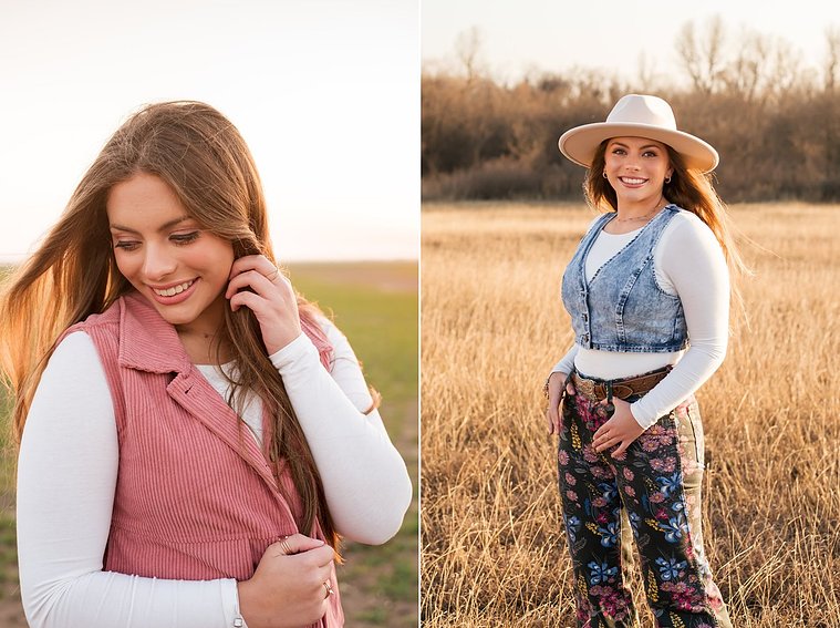 two photos of a senior girl taken in the country outside of OKC. One she smiles shyly over her shoulder and the other she poses with hands in pockets of her patterned Wranglers wearing a hat and denim vest