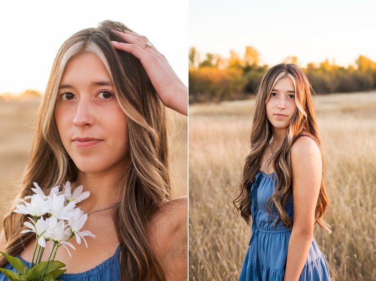 two images of a senior girl with long brown hair wearing a blue sundress. One close up smiling holding flowers, the other she smiles softly in a country field in the fall near Oklahoma City