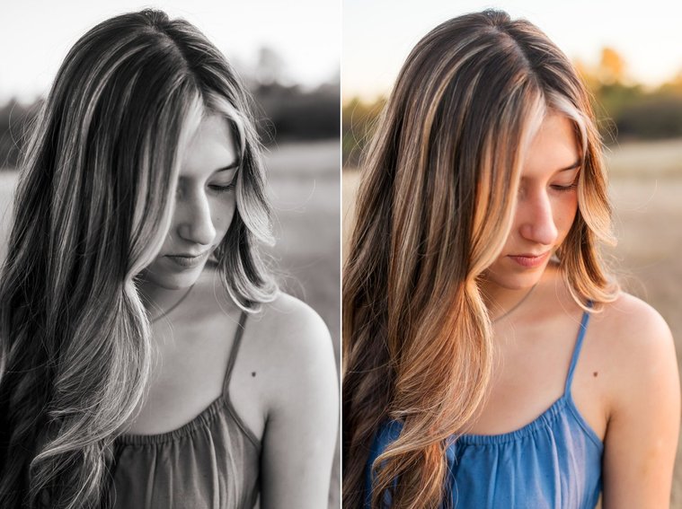 two images of a senior girl with long brown hair wearing a blue sundress looking down softly in a country field in the fall near Oklahoma City. Same photo but one is black and white.