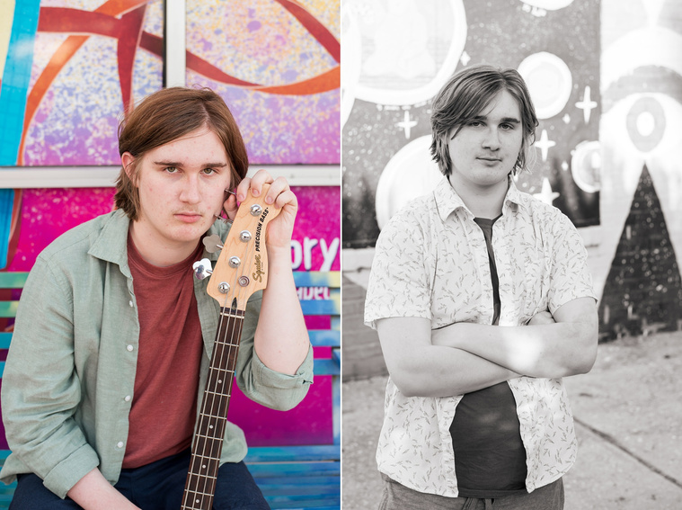 two images of a senior boy with brown hair. One he sits with a bass guitar handle by his face on a bench in front of a wall mural in midtown OKC, the other black and white portrait with arms crossed