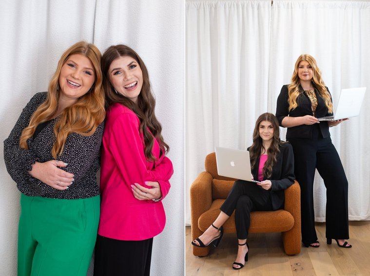 side by side team photos of two women at a graphic designer branding session. One they stand back to back smiling, the other one sits with laptop in chair, partner stands next to her with laptop