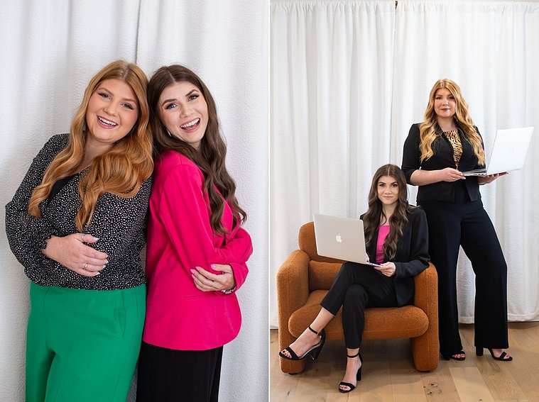 side by side team photos of two women at a graphic designer branding session. One they stand back to back smiling, the other one sits with laptop in chair, partner stands next to her with laptop