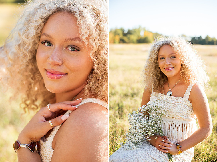 close up portrait of a high school senior girl with blonde curly hair and blue eyes smiling softly and a portrait of her holding a bouquet of flowers wearing a white fringe boho western dress at Martin Nature Park in Oklahoma City