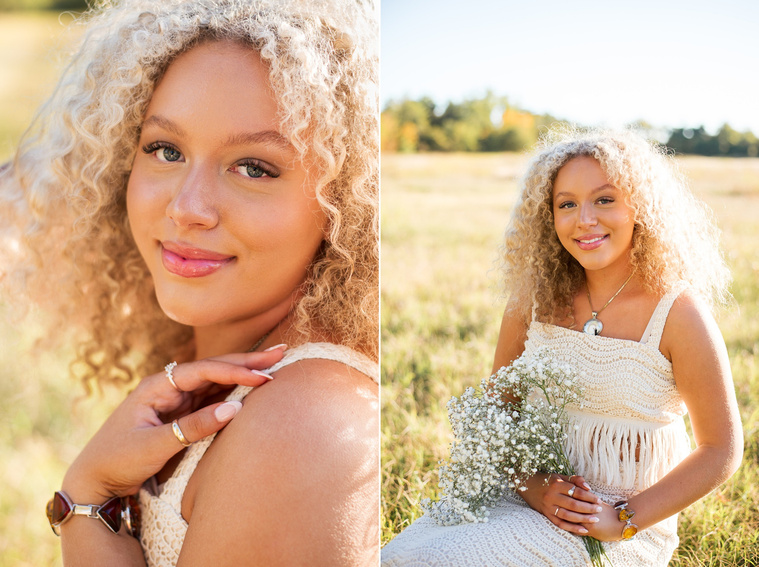 close up portrait of a high school senior girl with blonde curly hair and blue eyes smiling softly and a portrait of her holding a bouquet of flowers wearing a white fringe boho western dress at Martin Nature Park in Oklahoma City