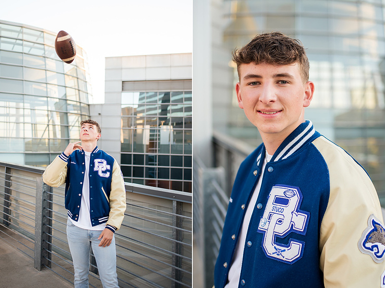 two senior boy portraits taken on a parking garage rooftop in downtown OKC. He is wearing a letterman jacket and throwing a football up in the air above him.