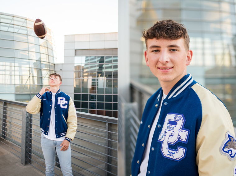 two senior boy portraits taken on a parking garage rooftop in downtown OKC. He is wearing a letterman jacket and throwing a football up in the air above him.