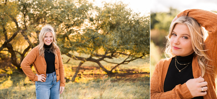 two images of a high school senior girl with blond hair wearing a rust colored sweater and jeans, in a golden field in Oklahoma smiling and posing for her photo session