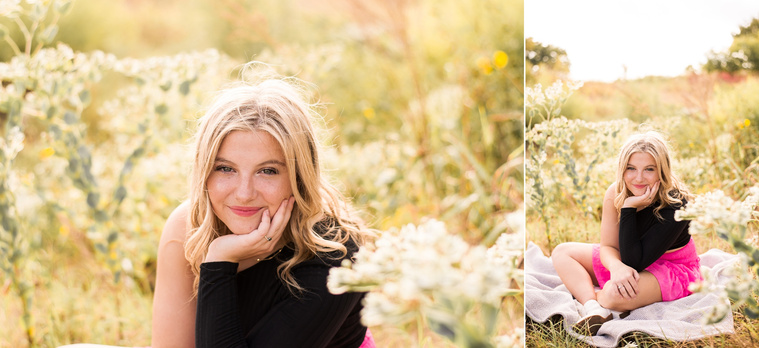 two images of a high school senior girl with blond hair wearing a pink skirt and black top, sitting in a golden field in Oklahoma with her chin in her hand and smiling with milkweed around her for her photo session