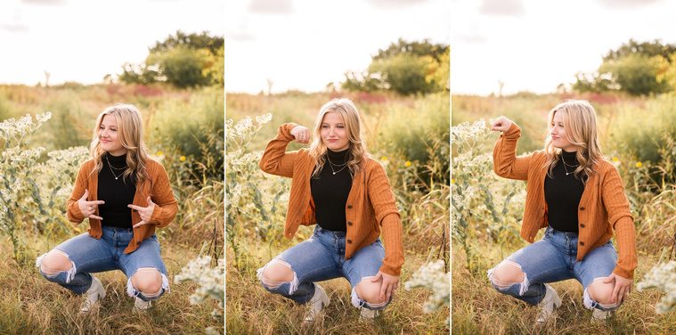 three images of a high school senior girl with blond hair wearing a rust colored sweater and jeans, sits in a golden field in Oklahoma being relaxed and doing silly faces and poses for her photo session