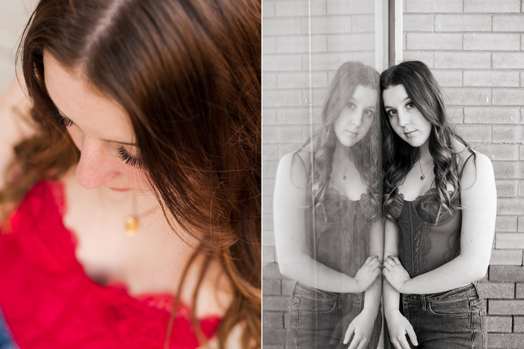 two photos of a high school senior girl wearing a red camisole and jeans standing in front of her reflection in downtown Tuttle Oklahoma and a close up shot of her hair and eyelashes