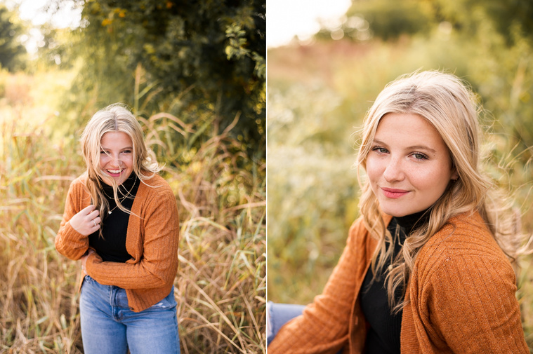two photos of a high school senior girl with blond hair wearing a rust colored sweater and jeans, sitting and standing in a field in Oklahoma, smiling and looking softly at camera