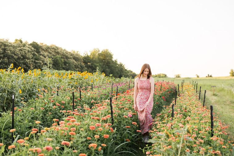 High school senior girl walks and holds her dress through a flower farm field in Oklahoma