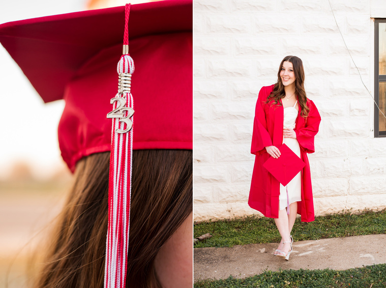 two photos of a high school senior girl wearing a white dress and her red cap and  gown standing with her hand on her hip and a close up of her 2023 tassel in Tuttle Oklahoma