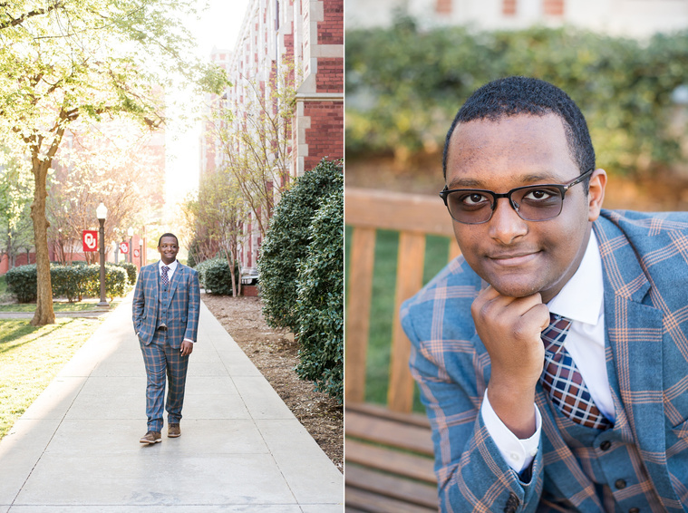 two photos of an african-american high school senior boy wearing a patterned suit and smiling on a sidewalk and bench on the OU campus in Norman Oklahoma