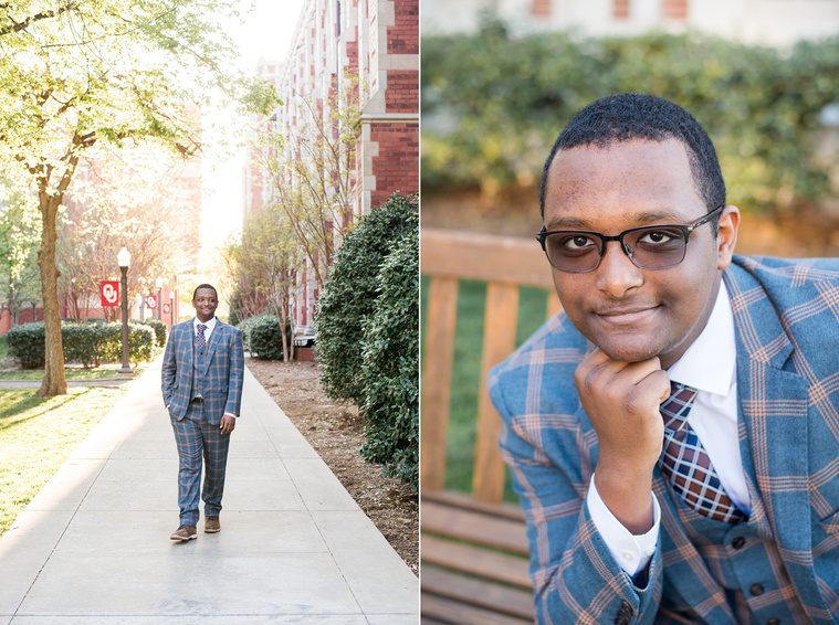two photos of an african-american high school senior boy wearing a patterned suit and smiling on a sidewalk and bench on the OU campus in Norman Oklahoma