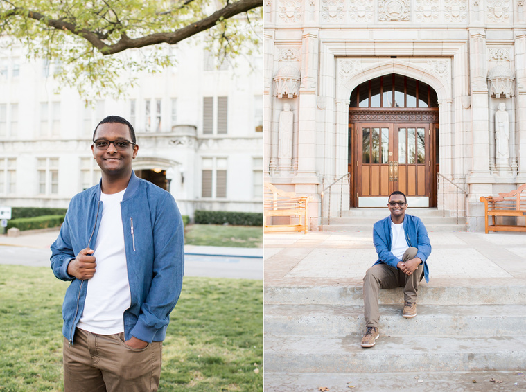 two photos of an african-american high school senior boy wearing a blue jacket and khakis sitting on the steps of Evans Hall and standing in the Parrington Oval on the OU campus in Norman Oklahoma