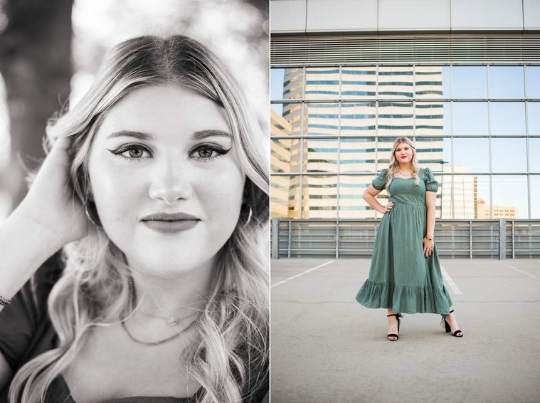 one photo of a blond high school senior girl stands with one hand on her hip in a green dress on top of the devon tower parking garage in okc.
black and white close up portrait of girl