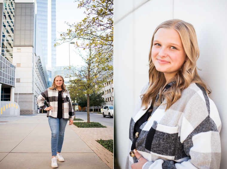 Two photos of a blond high school senior girl posing for senior pictures in downtown Oklahoma City