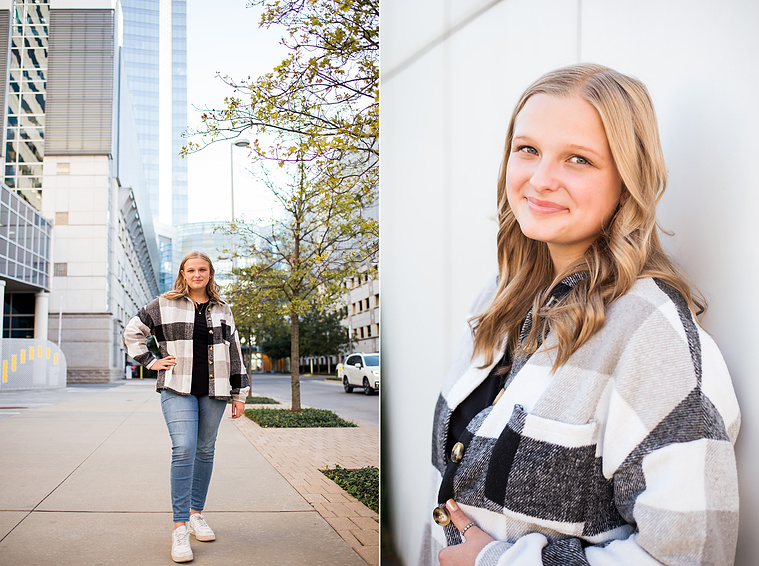 Two photos of a blond high school senior girl posing for senior pictures in downtown Oklahoma City