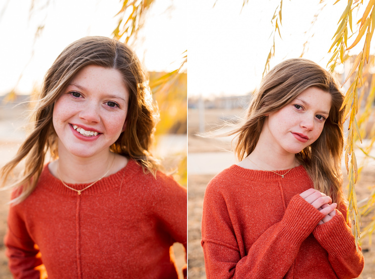 two images of a a teen girl posing and smiling surrounded by golden weeping willow leaves at Scissortail Park in Oklahoma City