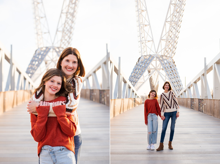 two images of a mom and her teen daughter hugging and smiling on the Skydance Bridge at Scissortail Park in Oklahoma City 