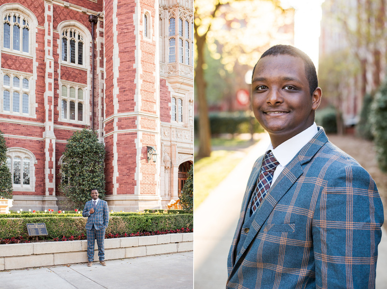 two portraits of an african-american high school senior boy wearing a patterned suit and smiling on a sidewalk and in front of Evans Hall on the OU campus in Norman Oklahoma