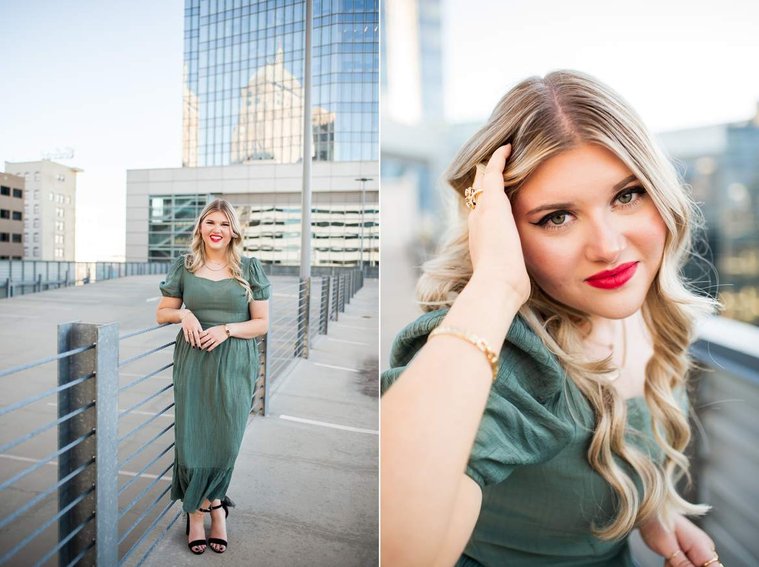one photo of a blond high school senior girl standing against wire wall in a green dress on top of the devon tower parking garage in okc, other photos close-up portrait of same girl smiling with a hand in her hair