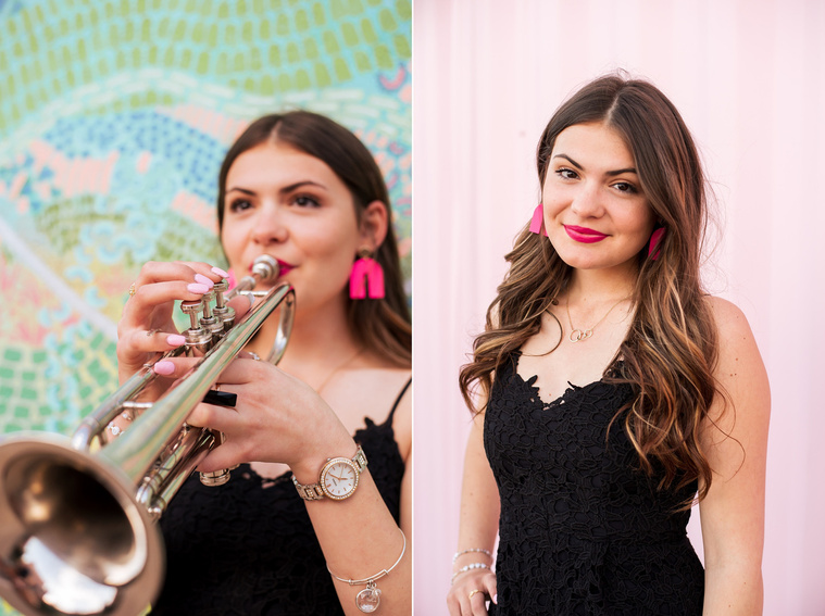 two photos of a high school senior girl wearing a black dress, one playing her trumpet, the other standing in front of a pink wall in Automobile Alley in Oklahoma City, Oklahoma