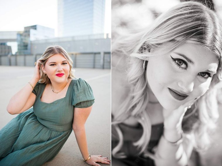 blond high school senior girl sits with one hand in her hair smiling in a green dress on top of the devon tower parking garage in okc, also close up black and white portrait of same girl