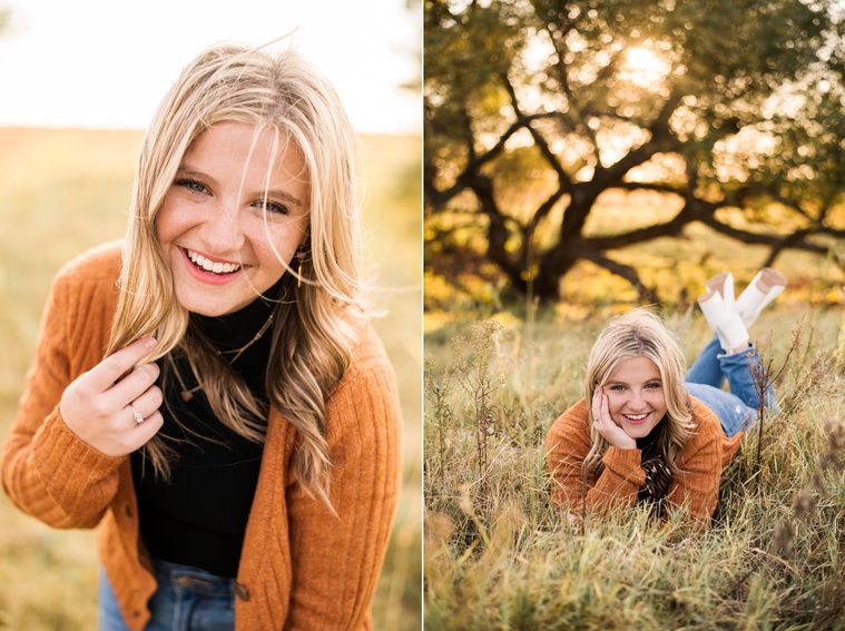 two photos of a high school senior girl with blond hair wearing a rust colored sweater and jeans, surrounded by a golden field in Oklahoma for her photo session