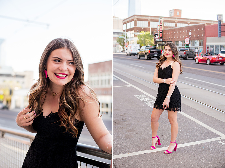 two photos of a high school senior girl with long brown hair wearing a black and dress and pink heels standing on the sidewalk in Automobile Alley in Oklahoma City, Oklahoma