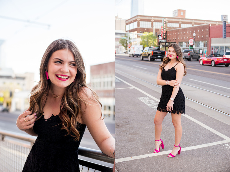 two photos of a high school senior girl with long brown hair wearing a black and dress and pink heels standing on the sidewalk in Automobile Alley in Oklahoma City, Oklahoma