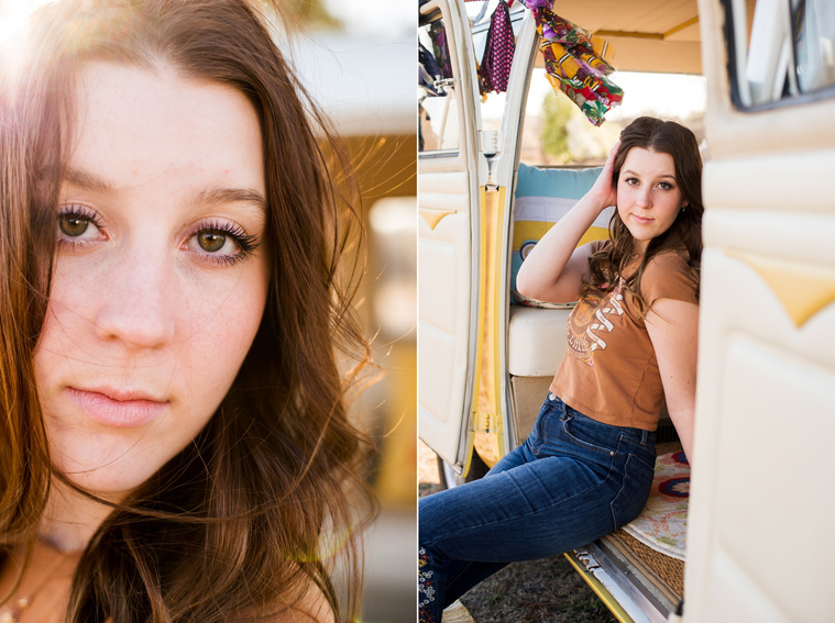 two photos of a high school senior girl with brown hair wearing a t-shirt and bell bottoms. one is a close up portrait of her face, the other is her sitting in a yellow and white VW bus in a yard in Tuttle Oklahoma