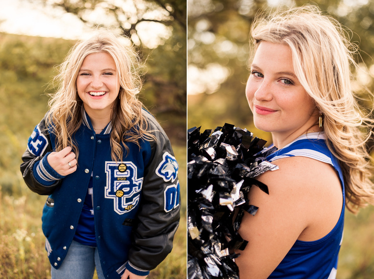 two photos of a high school senior girl with blond hair wearing her basketball jersey and letterman jacket, holding her cheer poms in a field in the countryside of Oklahoma for her photo session