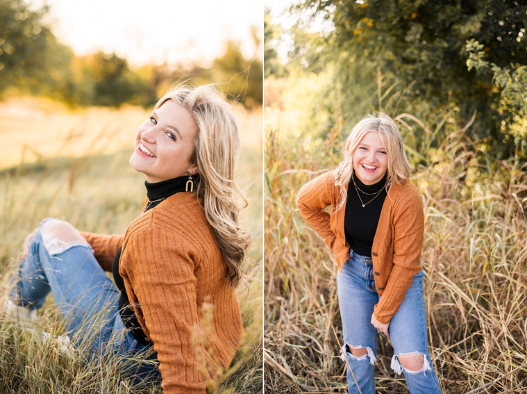 two photos of a high school senior girl with blond hair wearing a rust colored sweater and jeans, sitting and standing in a golden field in Oklahoma laughing