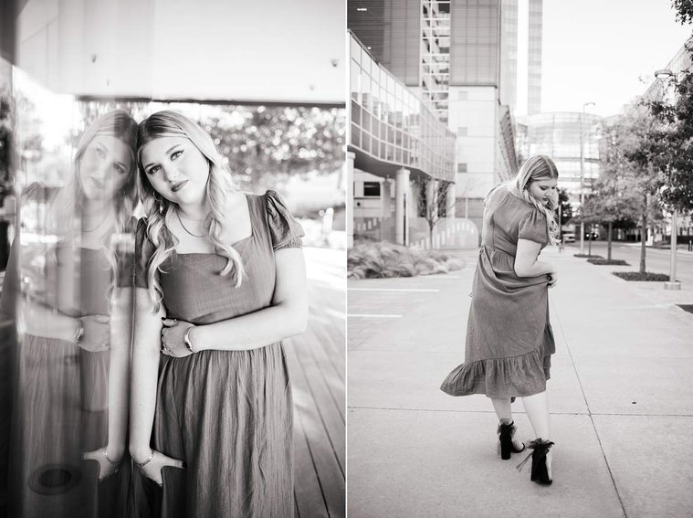 one photo of a high school senior girl standing against a reflective window with her head to side looking seriously at camera, other photo same girl on a downtown Oklahoma City sidewalk looking back and down at her fancy high heels