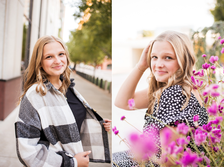 Two photos of a blond high school senior girl posing for senior pictures in downtown Oklahoma City