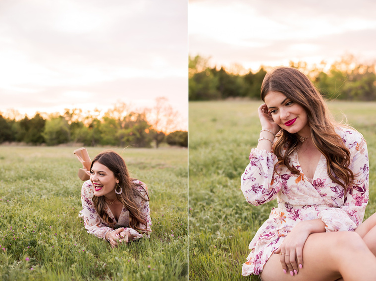 two photos of a high school senior girl dressed in boho style laying and sitting  in a field with trees and a sunset behind her smiling and laughing in Oklahoma City, Oklahoma
