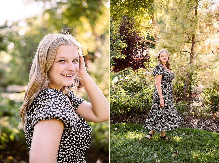 Two photos of a blond high school senior girl standing in front of trees and plants at Myriad Gardens in downtown Oklahoma City