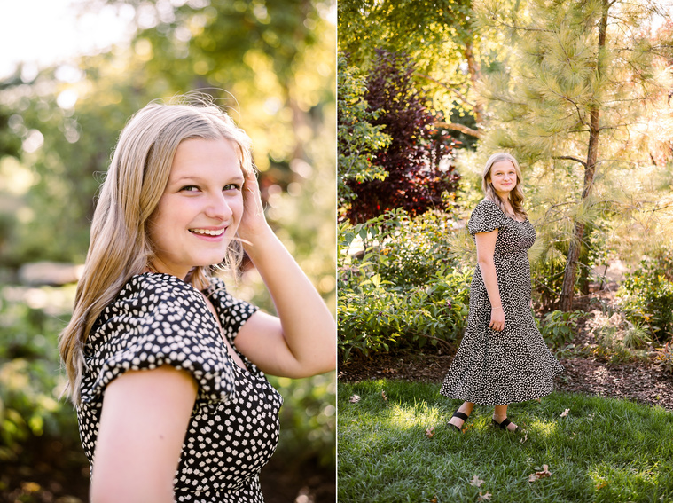 Two photos of a blond high school senior girl standing in front of trees and plants at Myriad Gardens in downtown Oklahoma City