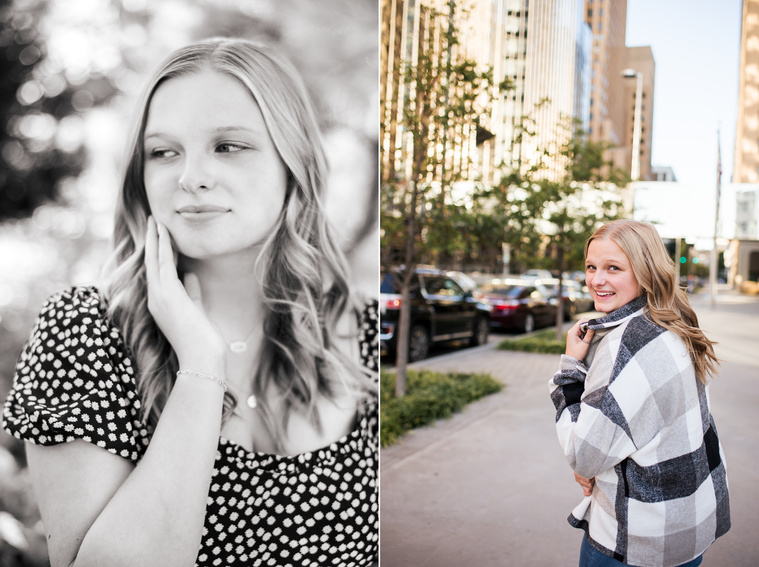 Two photos of a blond high school senior girl posing for senior pictures in downtown Oklahoma City