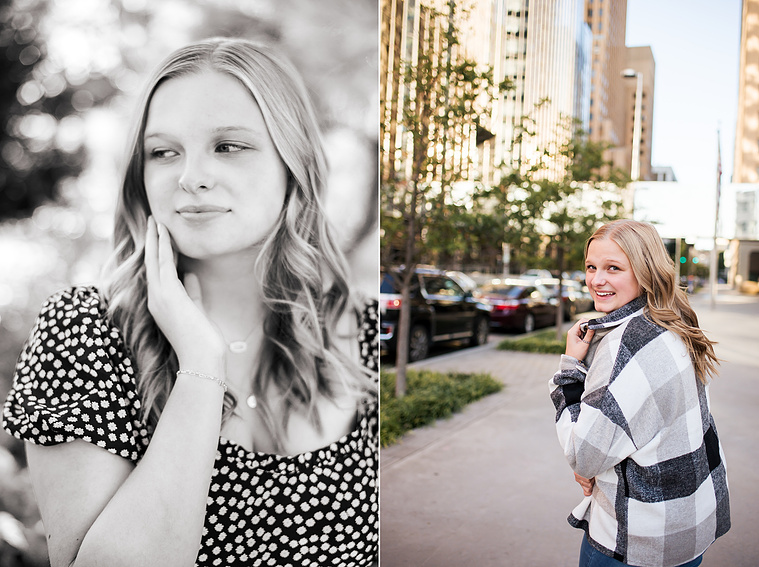 Two photos of a blond high school senior girl posing for senior pictures in downtown Oklahoma City