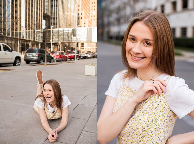 two photos of a high school senior girl in downtown Oklahoma City. One she lays on her stomach on the sidewalk and laughs to the side. the other a close up portrait of her smiling