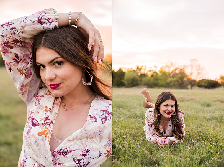 two photos of a high school senior girl dressed in boho style posing in a field with trees and a sunset behind her in Oklahoma City, Oklahoma